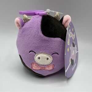 NWT Squishmallows Alexie 4" Clip Purple Cow Easter with‎ Pink Bow tie 2024